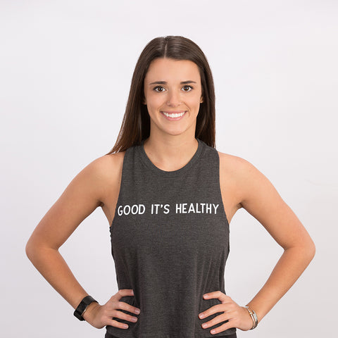 New Ladies Good It’s Healthy Racerback Tanks - Athletic Grey